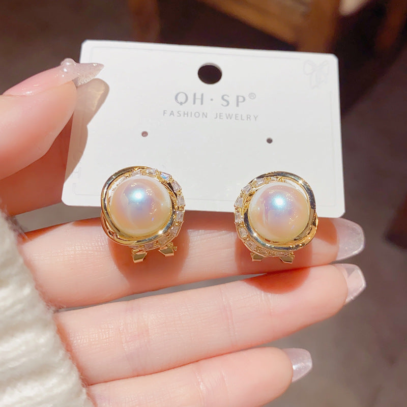 S925 Silver Needle Korean Fashion Simple Diamond-Studded Wrapped Pearl Earrings Exquisite Petite Versatile Socialite Earrings