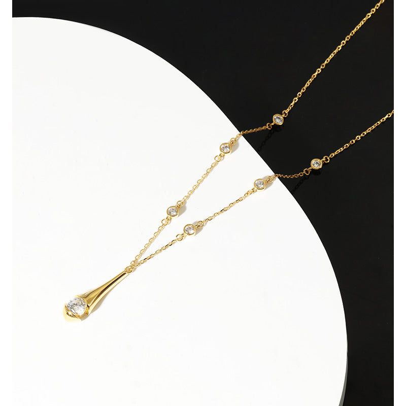 925 Sterling Silver Women's Shiny Water Drop Collarbone Chain High-end Niche Design Ins Style Necklace