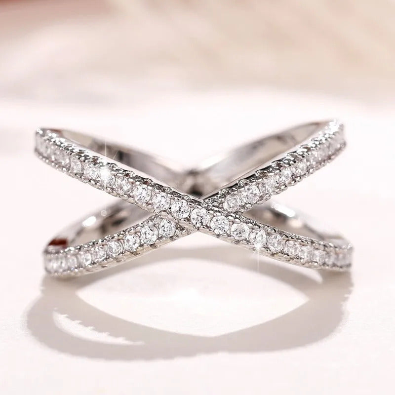 Huitan Fashion Cross Finger Rings for Women 3 Metal Colors Paved Dazzling Cubic Zirconia Simple Stylish Female Rings Hot Jewelry