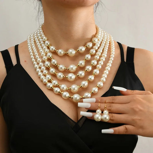 Trend Statement Jewelry Set Multi-layer Handmade Imitation Pearl Beaded Bib Necklace And Earrings For Women Party Accessories