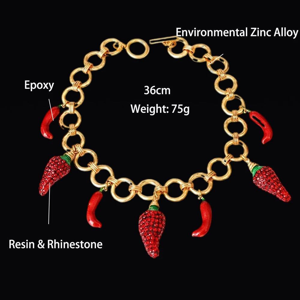 Fashion Trends Red Chilli Tassels Pendant Necklace Vegetable Adjustable Jewelry Banquet Party for Women Gifts