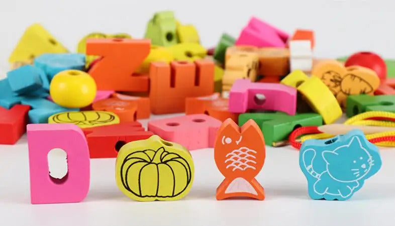 26pcs Wooden Toys Baby DIY Toy Cartoon Fruit Animal Stringing Threading Wooden beads Toy Monterssori Educational for Kids GYH