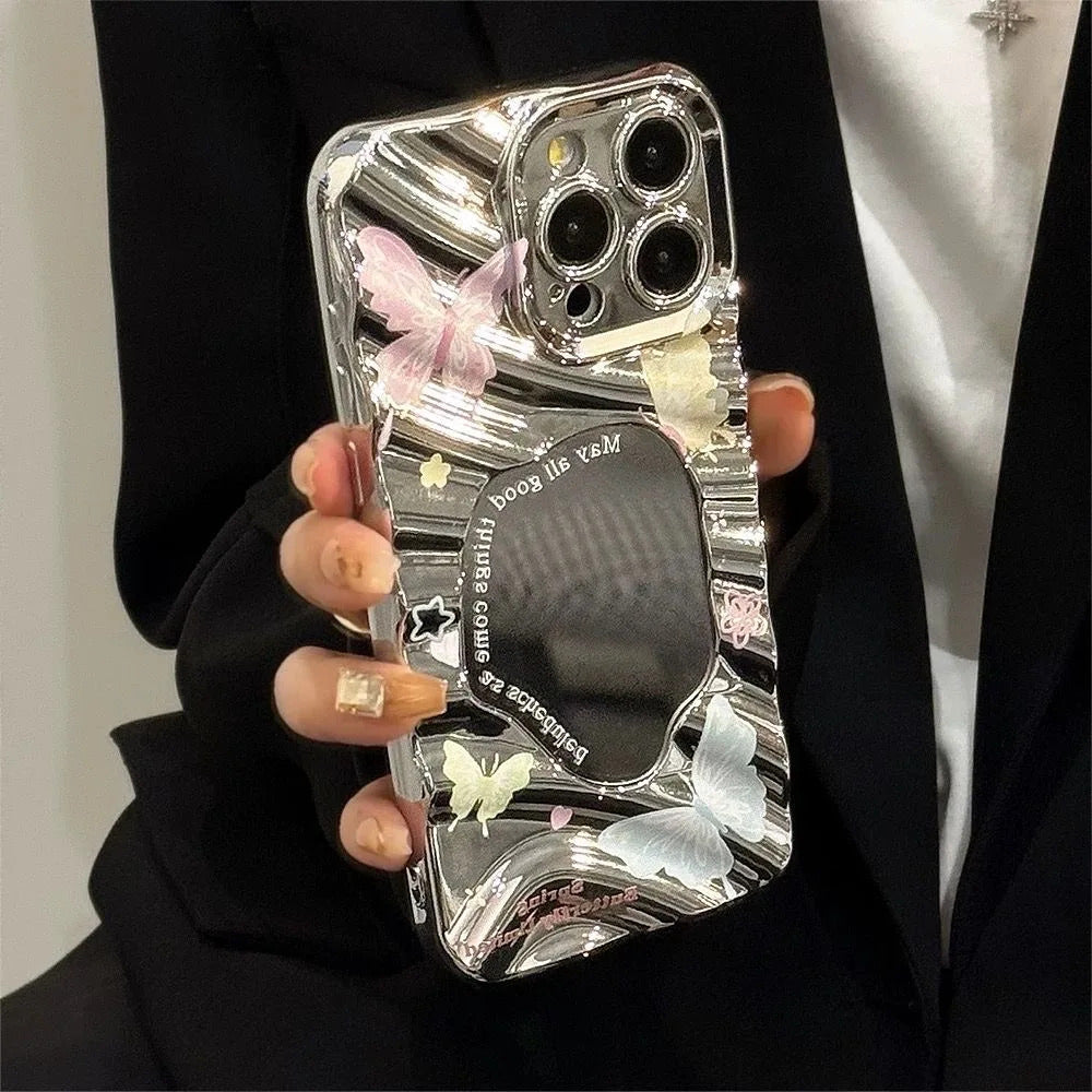 Pink Tulip Flower Phone Case For iPhone 11 Case iPhone 16 13 12 14 15 Pro Max Plating Make Up Mirror Wavy Soft Shockproof Cover