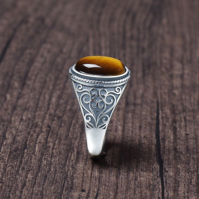 New S925 Silver Tiger Eye Stone Adjustable Men's Ring Vintage Style Natural Gift Open Ring Gold Feel