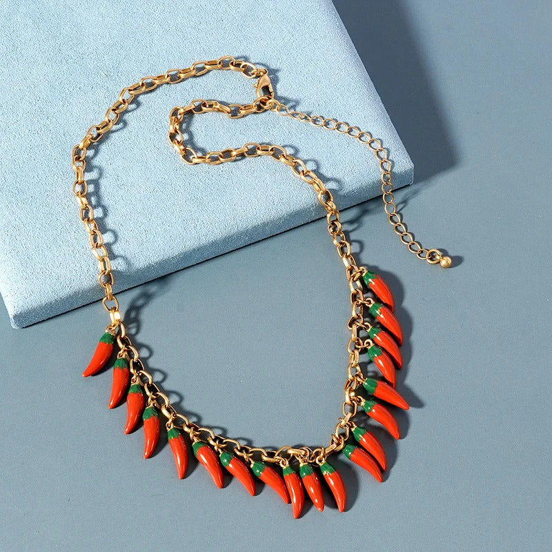 Fashion Trends Red Chilli Tassels Pendant Necklace Vegetable Adjustable Jewelry Banquet Party for Women Gifts