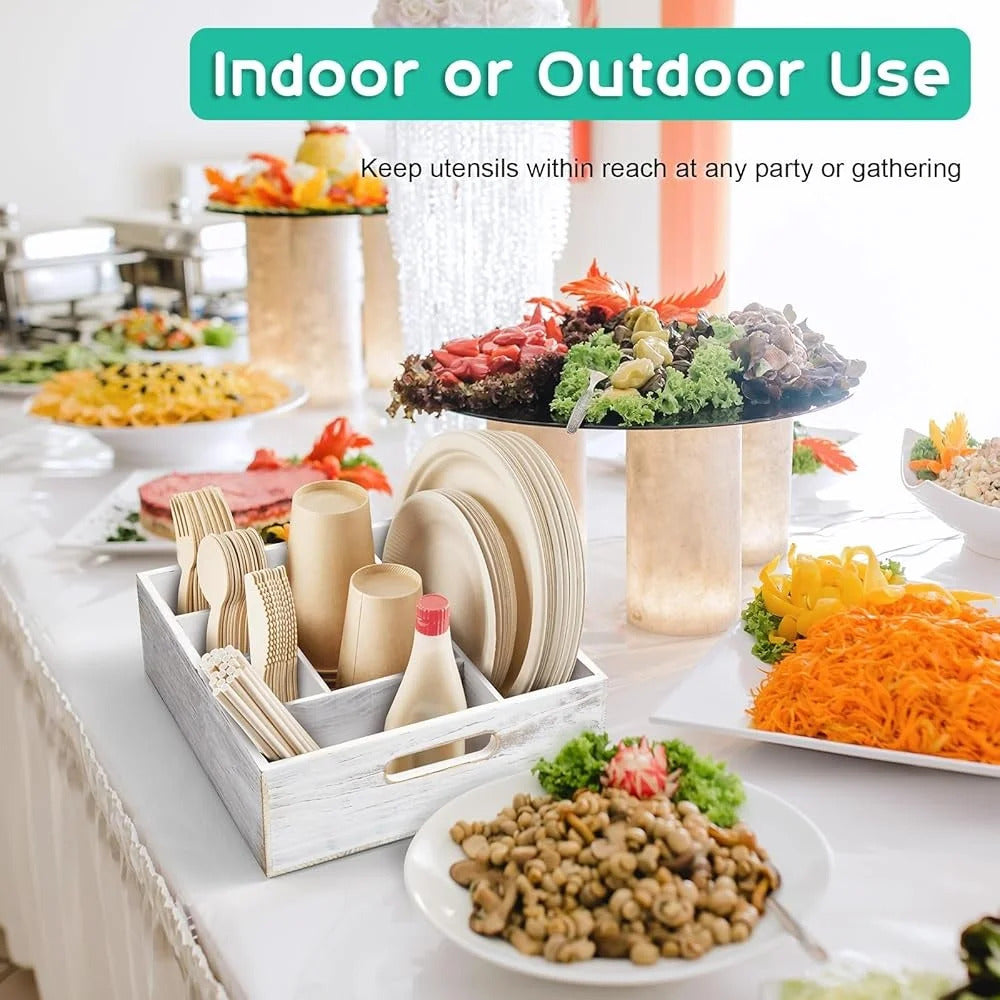 Rustic Utensil Holder Parties Kitchen Paper Plate Organizer Caddy with 6 Compartments Cups Forks Spoons and Napkins Storage