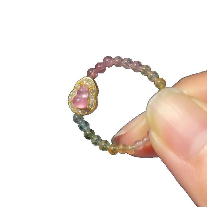 Natural Color Tourmaline Gourd Ring for Women, Niche Design, Non-Fading Crystal Ring, Light Luxury High-End Feel Hand Jewelry