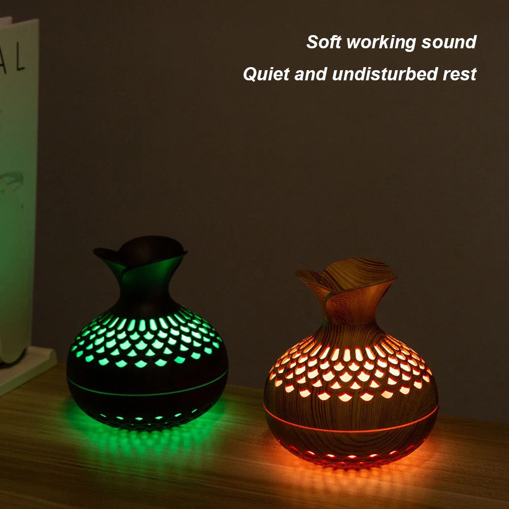 300ML Wood Grain Flower Humidifier Silent Aromatherapy Diffuser USB Rechargeable Mini Air Humidifier with Colorful Night Light