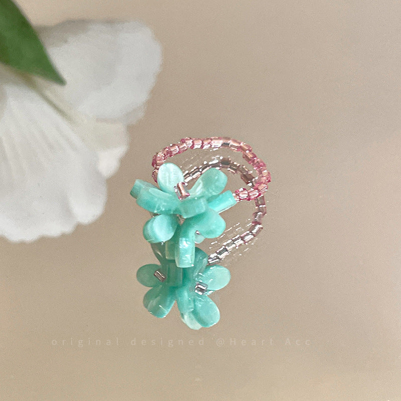 Violet Flower Elastic Beaded Ring for Women 2025 Spring Summer Korean Style Index Finger Ring Dopamine Bestie Layered Ring