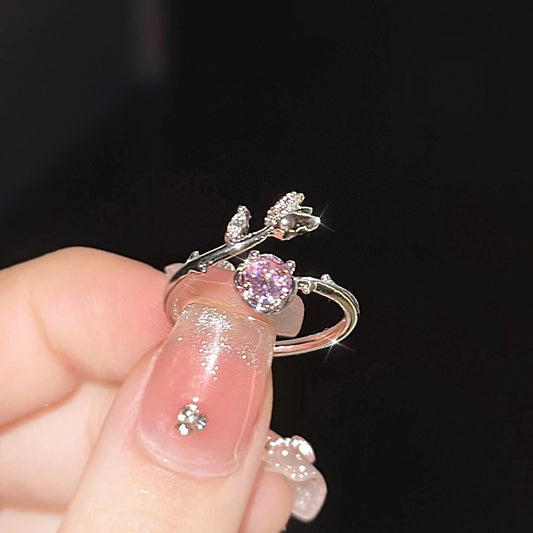 Pink Zirconium Rose Ring Female Mori Style Light Luxury Super Fairy Girl Flowers Openings Adjustable Ring