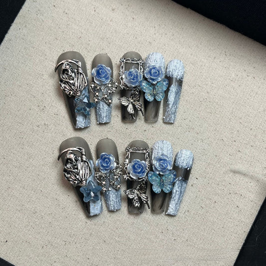 Wearable Nails Heavy Craft Light Luxury Full Diamond Blue Night Rose Star Moon Sparkling Long Fake Nail Stickers Cross-Border Hot Sale
