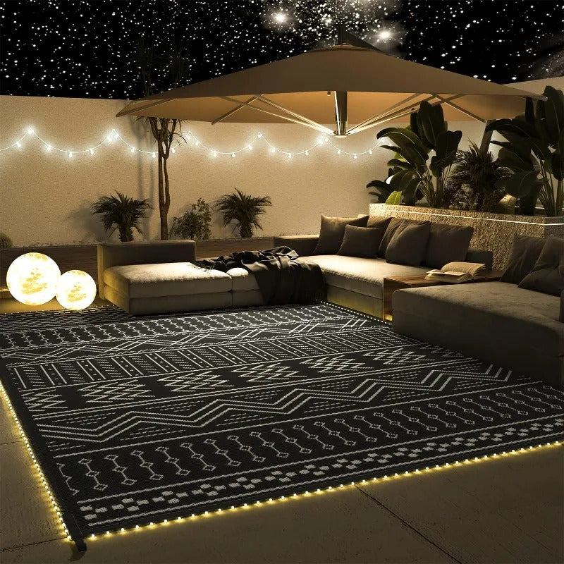 Outdoor Rug Carpet Waterproof 8x10 ft with LED Strip Lights-Patio Rug Mat Indoor Outdoor Rug for RV Camping Picnic