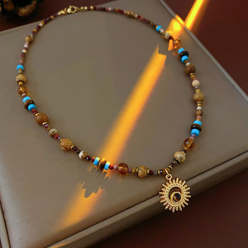 Titanium Steel Natural Stone Rice Bead Sun Necklace Retro Ethnic Style Niche Clavicle Chain Light Luxury High-end Fashion Jewelry