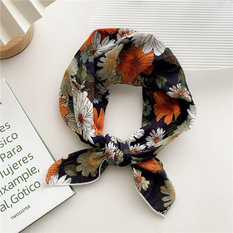 Cotton Linen 55cm Square Scarf Women Kerchief Flower Print Geometric Neckerchief Scarves  Headwrap Bandanas Hairband Headbands