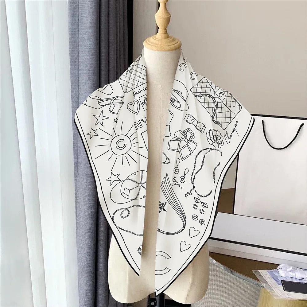 Fashion Graffiti Neckerchief Luxury Square Scarf for Women Silk Shawl Satin Hijab Wraps Hair Bands Headband Bandana Ribbon