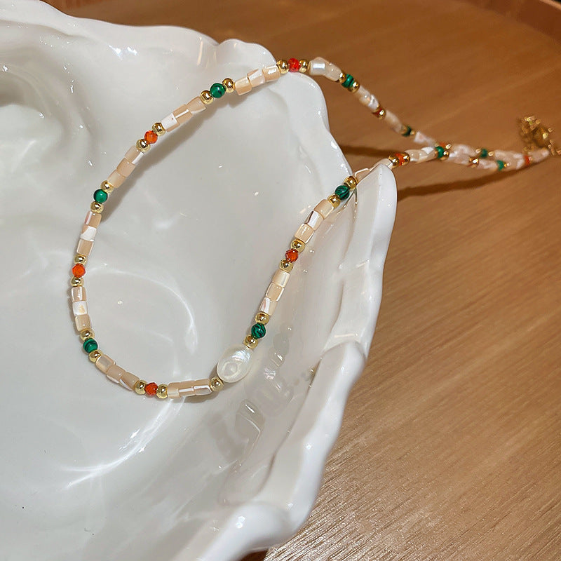 Titanium Steel Natural Stone Rice Bead Sun Necklace Retro Ethnic Style Niche Clavicle Chain Light Luxury High-end Fashion Jewelry