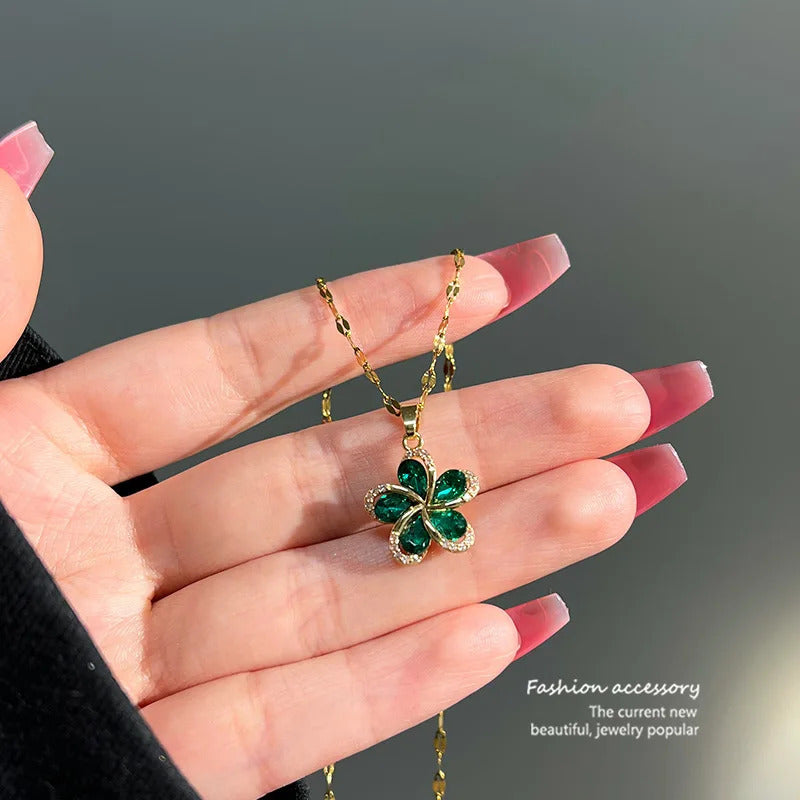 Stainless Steel Green Zircon Flowers Pendant Necklace For Women New Luxury Girls Lucky Chain Birthday Jewelry Gifts