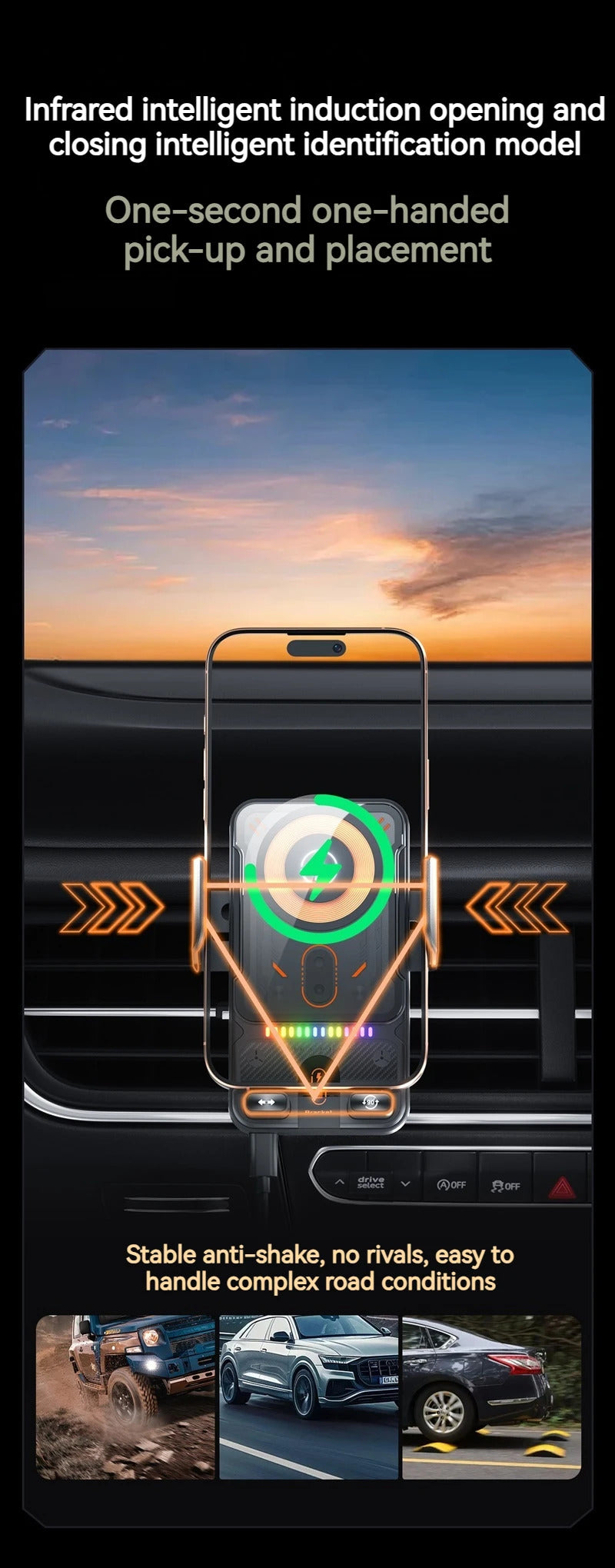2025 New F18 Car Wireless Charger Holder Auto-Sensing Electric Telescopic 90° Rotation Ambient Light Universal for Cars/Phones