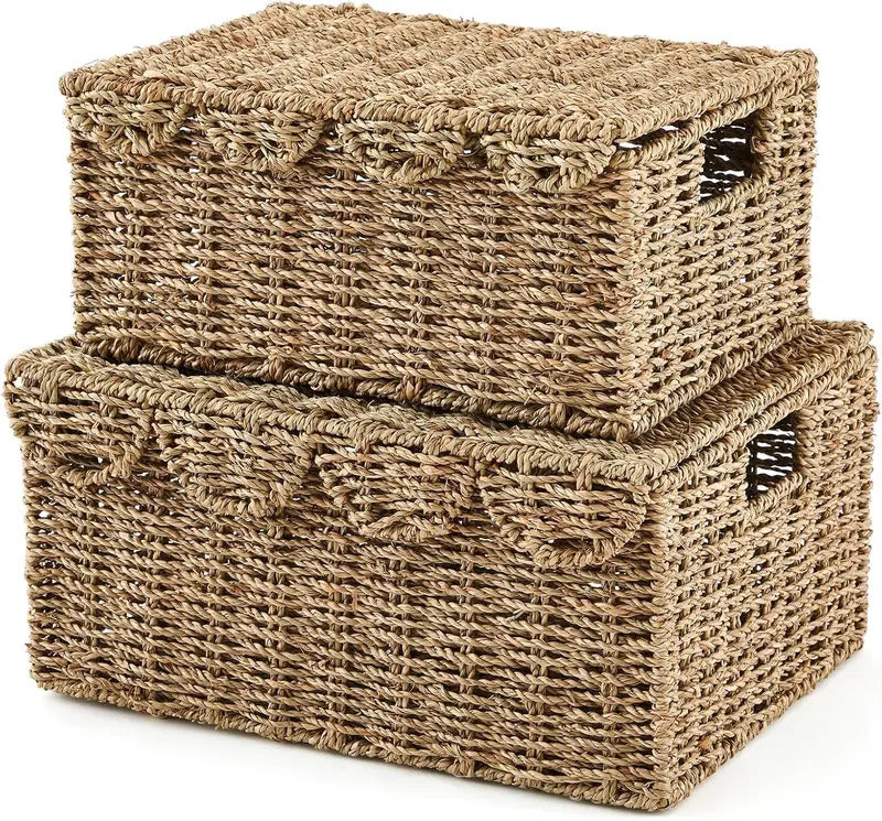 2 Pcs Scalloped Edge Wicker Basket with Lid Wicker Baskets for Organizing Storage Wicker Woven Handwoven Basket with Handles