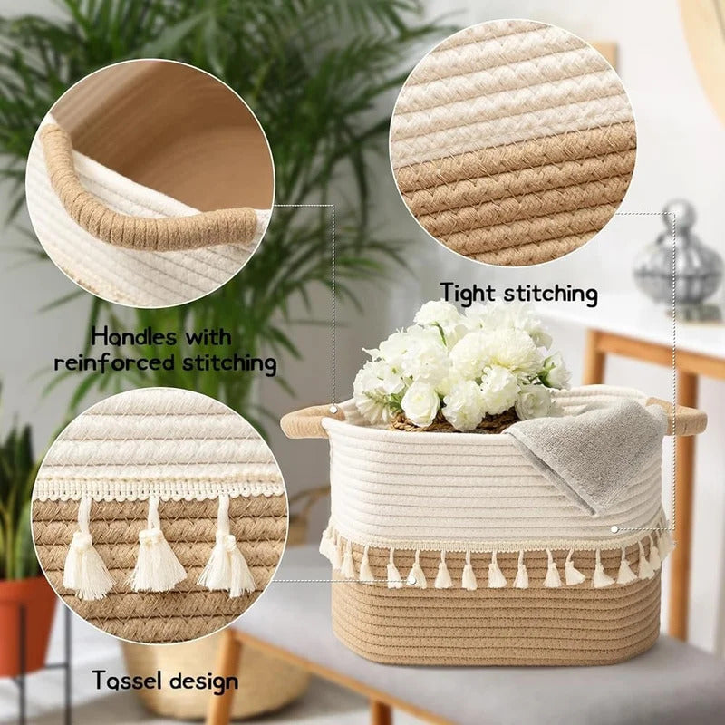 Set of 3 Woven Cotton Storage Bins Versatile Rope Baskets Organizing Home Toys Clothes and Essentials