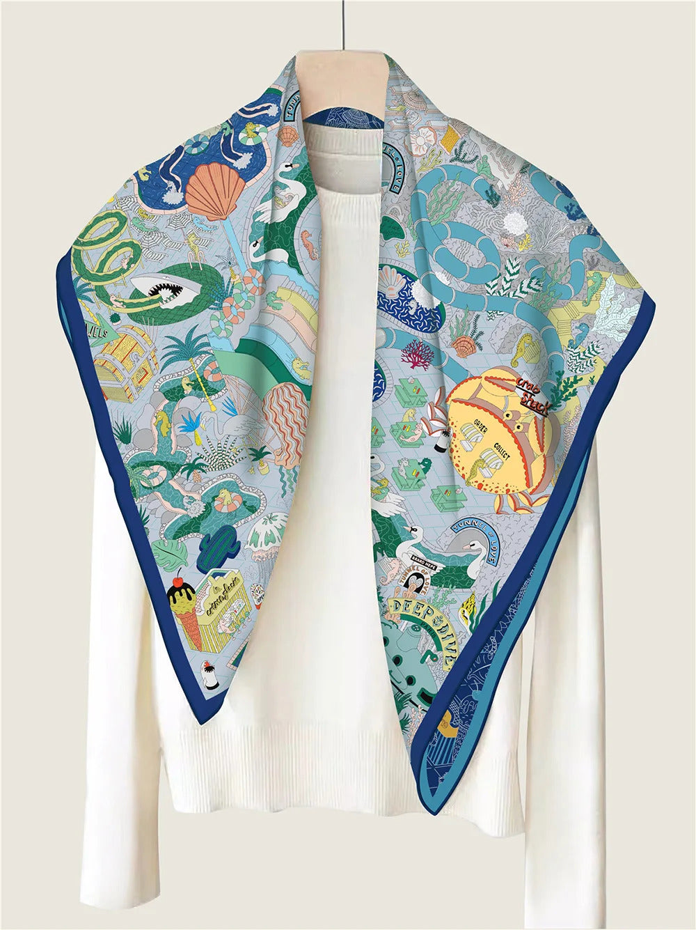 90Cm High-quality Twill Silk Double-sided Printing Submarine Playground Women's Large Square Scarf Scarf Chest Wrap Scarf