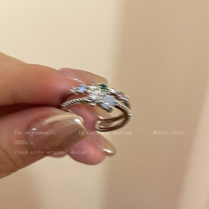 Navy Blue Love Moonlight Open-End Zircon Ring Female Light Luxury Minority Design Sense Index Finger Ring Temperament Adjustable Ring