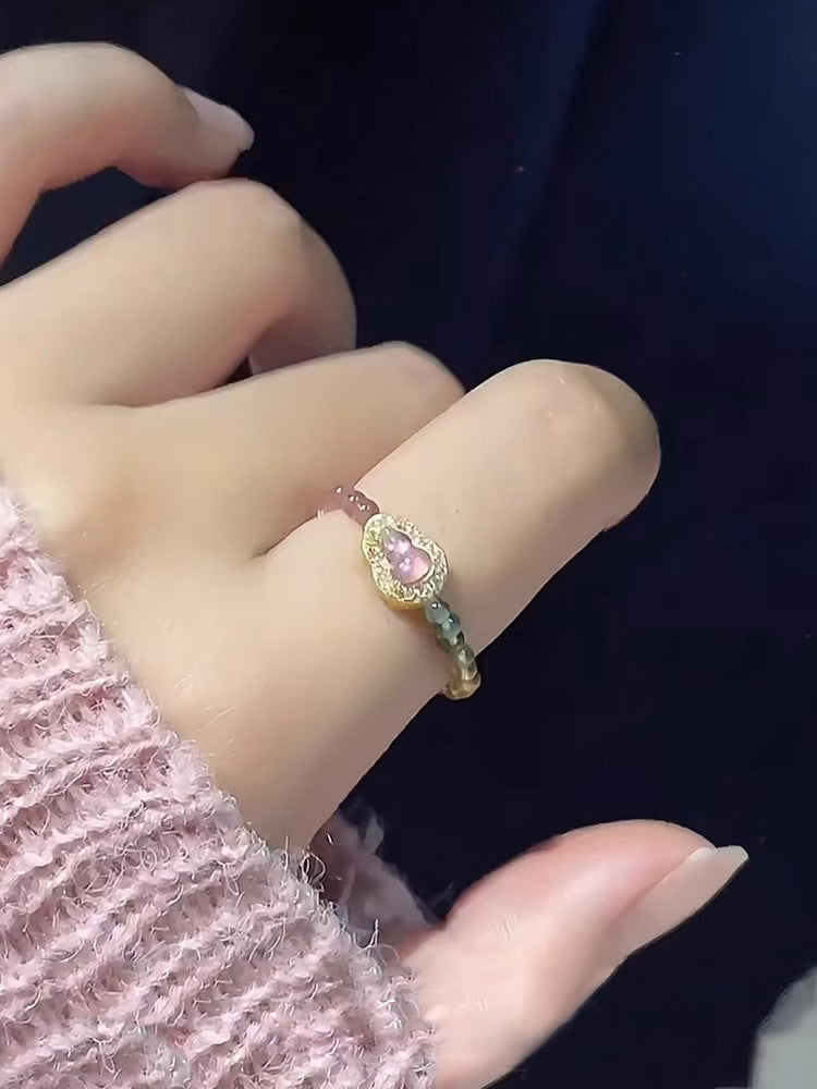 Natural Color Tourmaline Gourd Ring for Women, Niche Design, Non-Fading Crystal Ring, Light Luxury High-End Feel Hand Jewelry