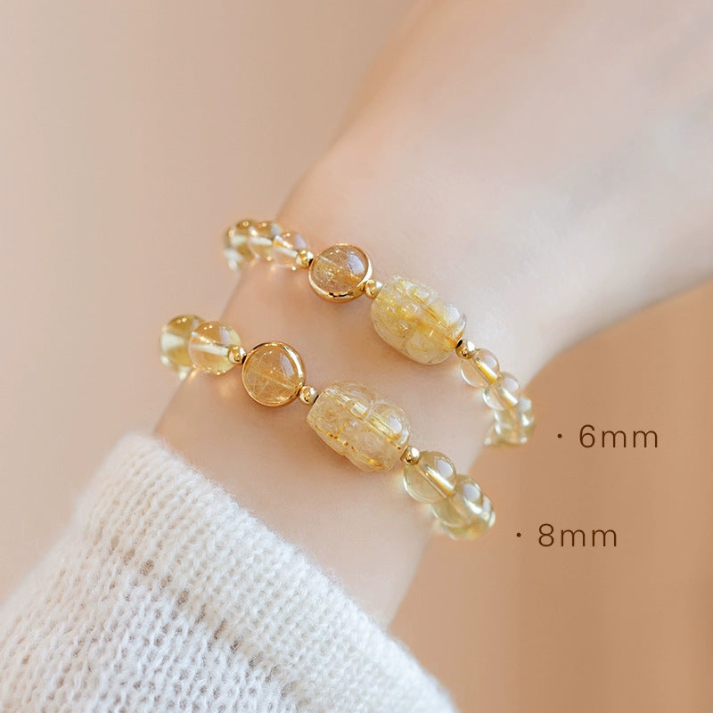 Natural Citrine Bracelet Women's Bracelet Rutile Gold Rutilated Quartz Bracelet Brazil Scattered Beads Money Drawing and Luck Changing Gifts for Girlfriend