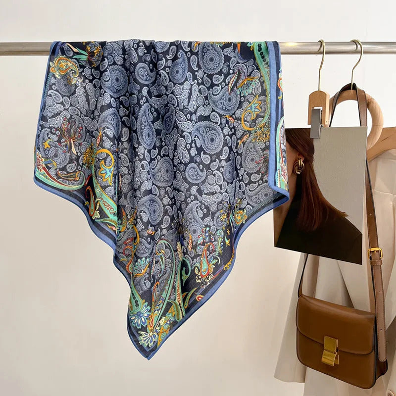 Spring/Summer 70cm Cashew Print Square Scarf Women’s Breathable Imitation Silk Bandanna Luxury Female Neckerchief Fashion Hijab