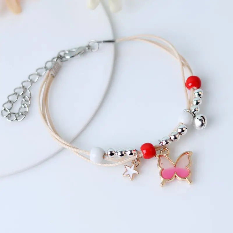 Kpop Cute Colorful Butterfly Bracelet for Women Girl Fashion Hand-woven Star Bell Beads Flower Pendant Bracelet Sister's Jewelry