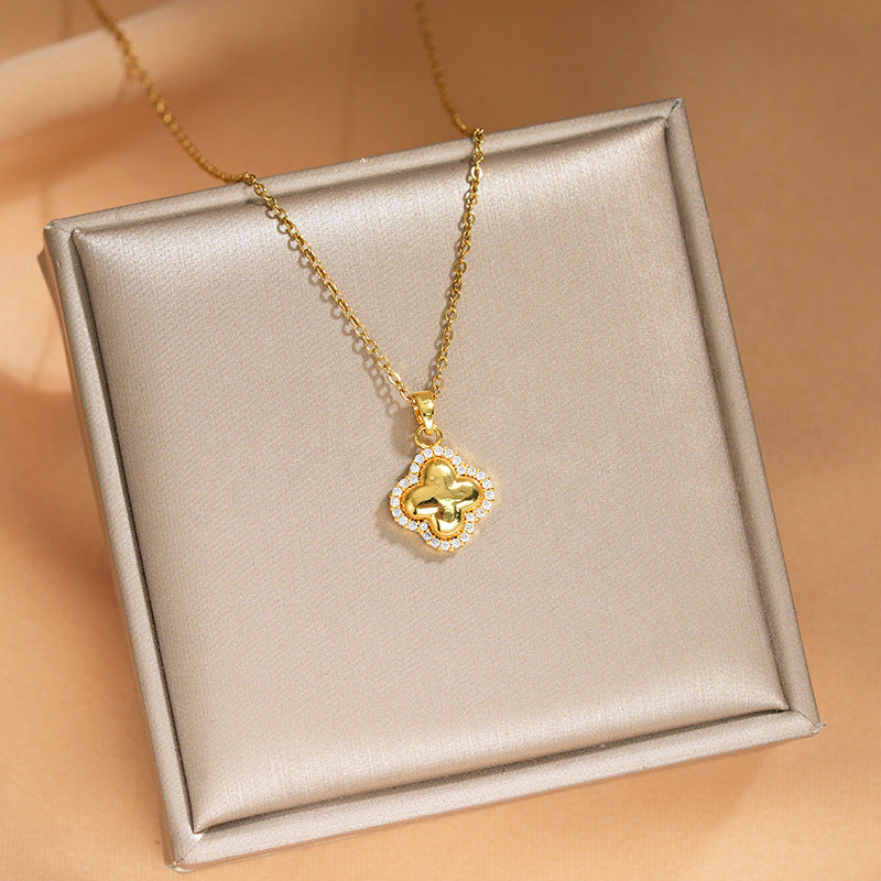 Elegant Inlaid Zircon Exquisite Titanium Steel Necklace for Women Fashionable Versatile Internet Celebrity Collarbone Chain Niche Light Luxury Jewelry