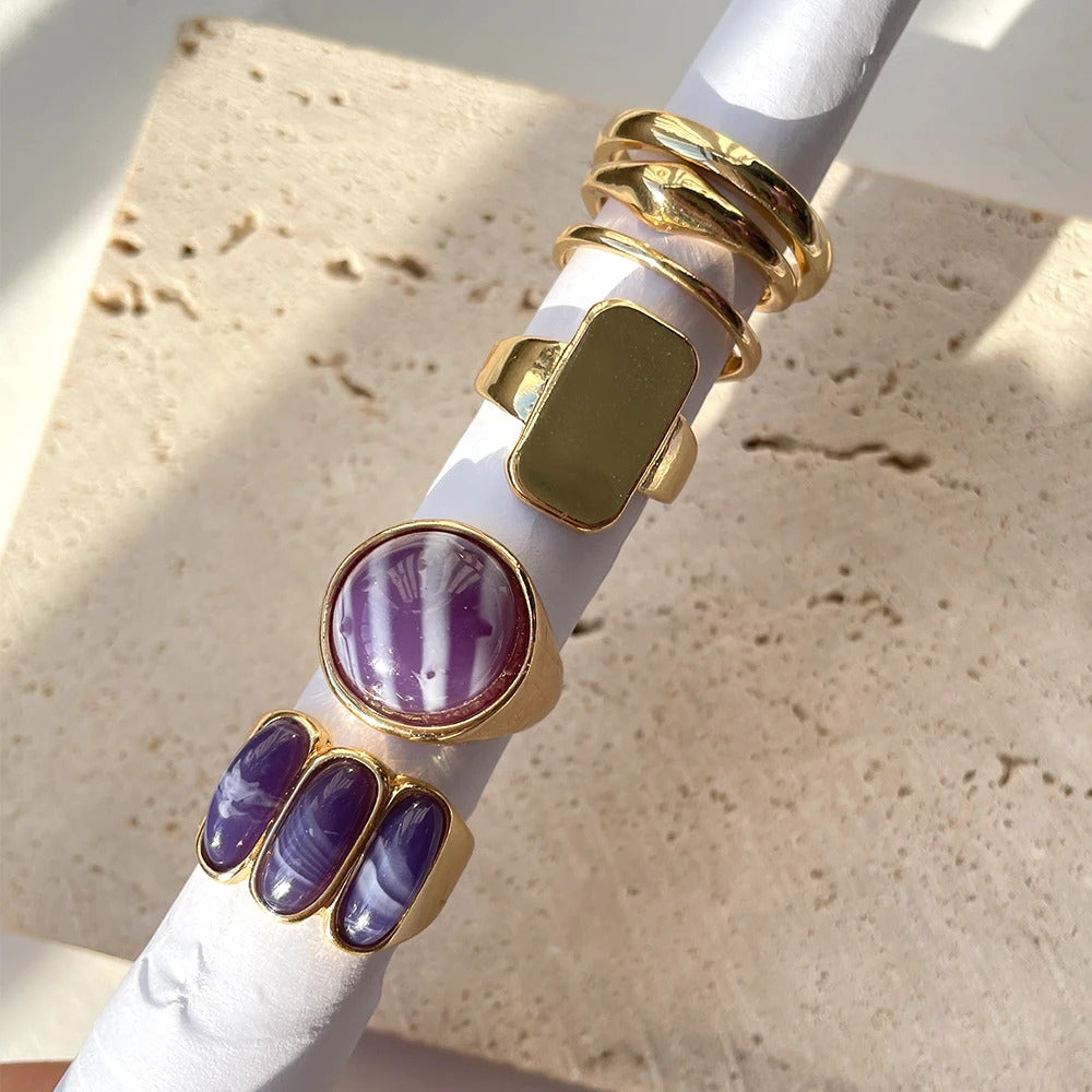 HZ 2021 New Korea 5pcs/set Colorful Stone Rhinestone Metal Chain Trendy Geometry Hit Rings Set for Women Girls Jewelry Gifts