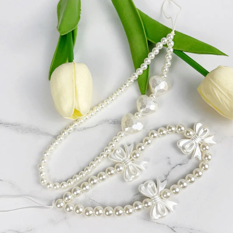 1pc Acrylic Mobile Phone Chain DIY Handmade Pearl Heart Bowknot Bear Beads for Women Girls Charm Telephone Lanyard Hanging Rope