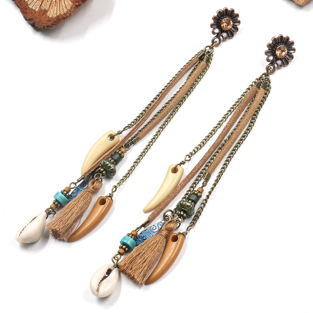 Earrings Bohemian Hair Long Tassel Shell Horn Sunflower Earrings
