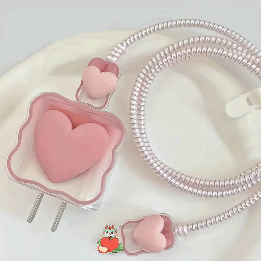 Charger Protector Cable Organiser for iPhone 14 13 Pro Max 18W 20W 3D Cartoon Love Heart Data Cable Management Cord Winder Kit