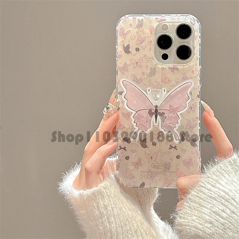 Korean Cute Cartoon Quicksand Butterfly Grip tok GripTok Bracket For iPhone 16 Universal Phone Holder Ring Support Phone Stand
