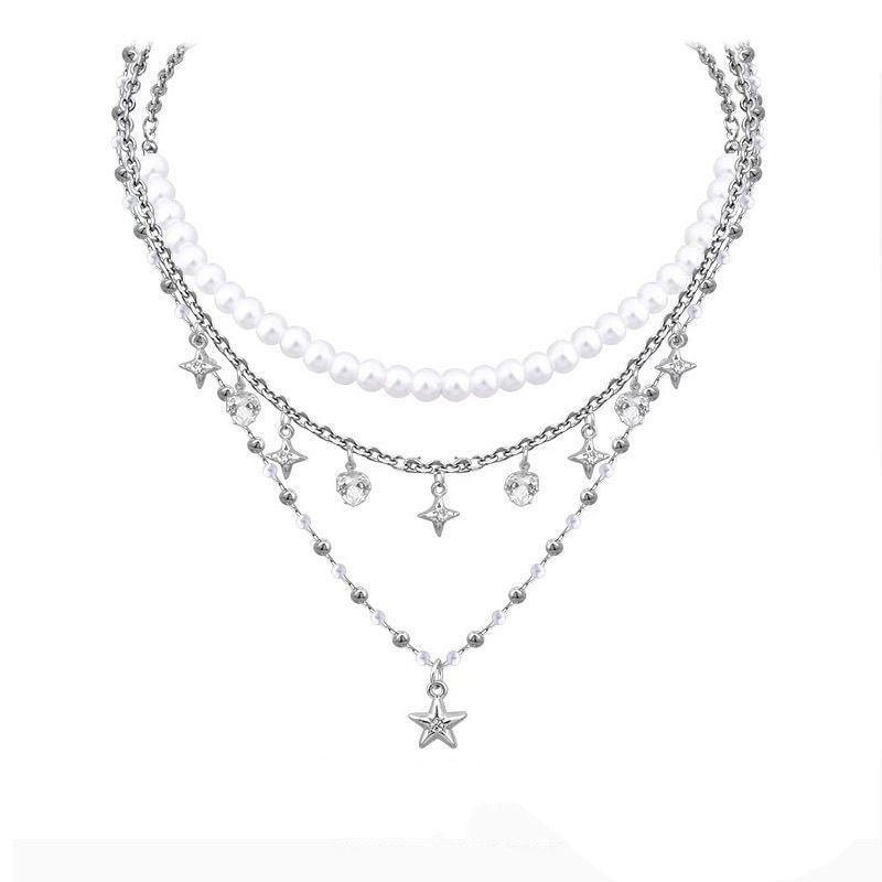 Iterative Five-pointed Star Pendant Pearl Necklace Cold Style Light Luxury Spice Clavicle Chain