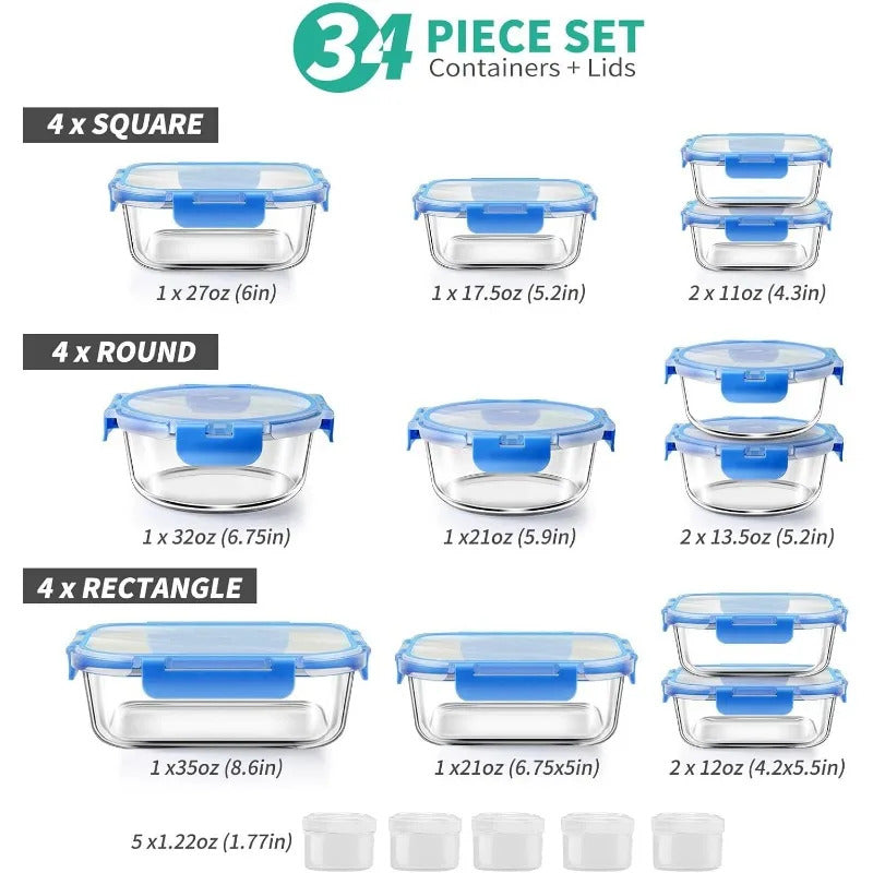 34pcs Glass Food Storage Containers with Lids Set, Airtight Glass Meal Prep Containers (17 Containers & 17 Lids), Leak Proof
