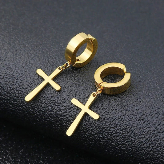 1 Pair Punk Stainless Steel Cross Stars Pendant Ear Clip No Piercing Earrings For Women Hiphop Fashion No ear hole Men Jewelry