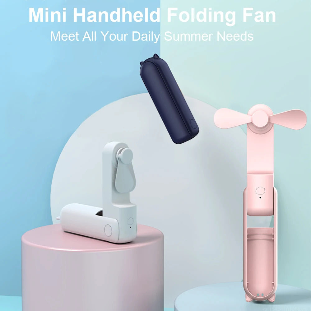 Portable Mini Fan 2000mAh USB Rechargeable 3 Speed Handheld Foldable Fan Hand Held Small Pocket Travel Fan with Handy Power Bank