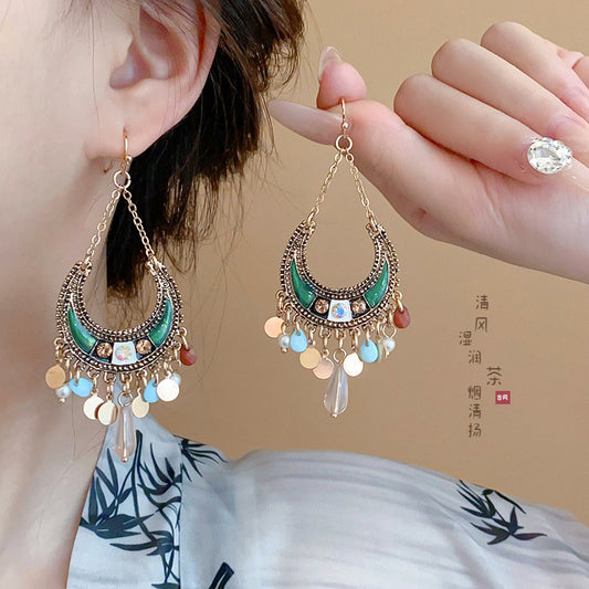 Vintage Ethnic Moon Ear Hook Bohemian Color Tassel Earrings Fashion All-match High-end Earrings for Women