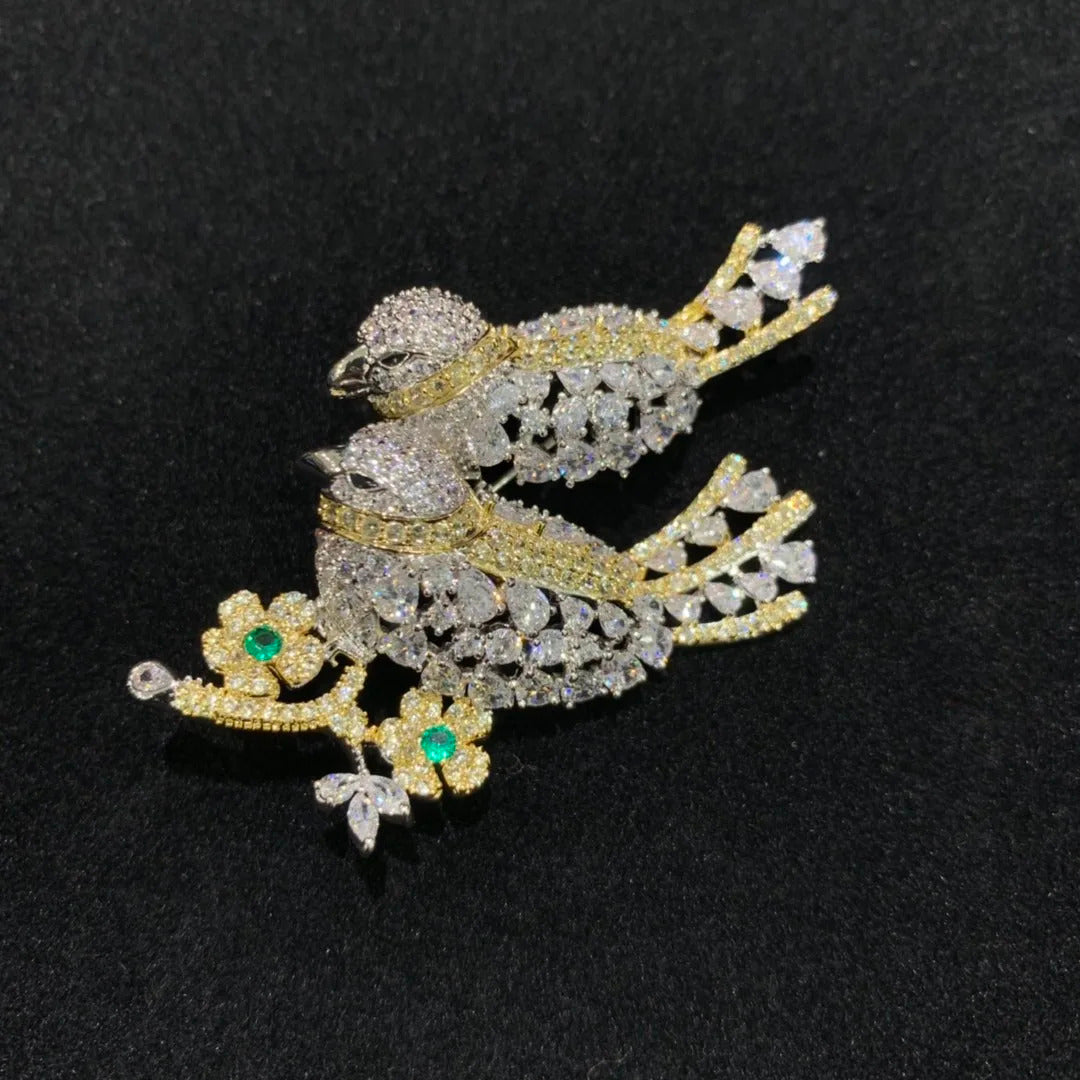 copper with cubic zircon birds brooch pin pink yellow multi color single double birds fashion women & men jewelry free shipping
