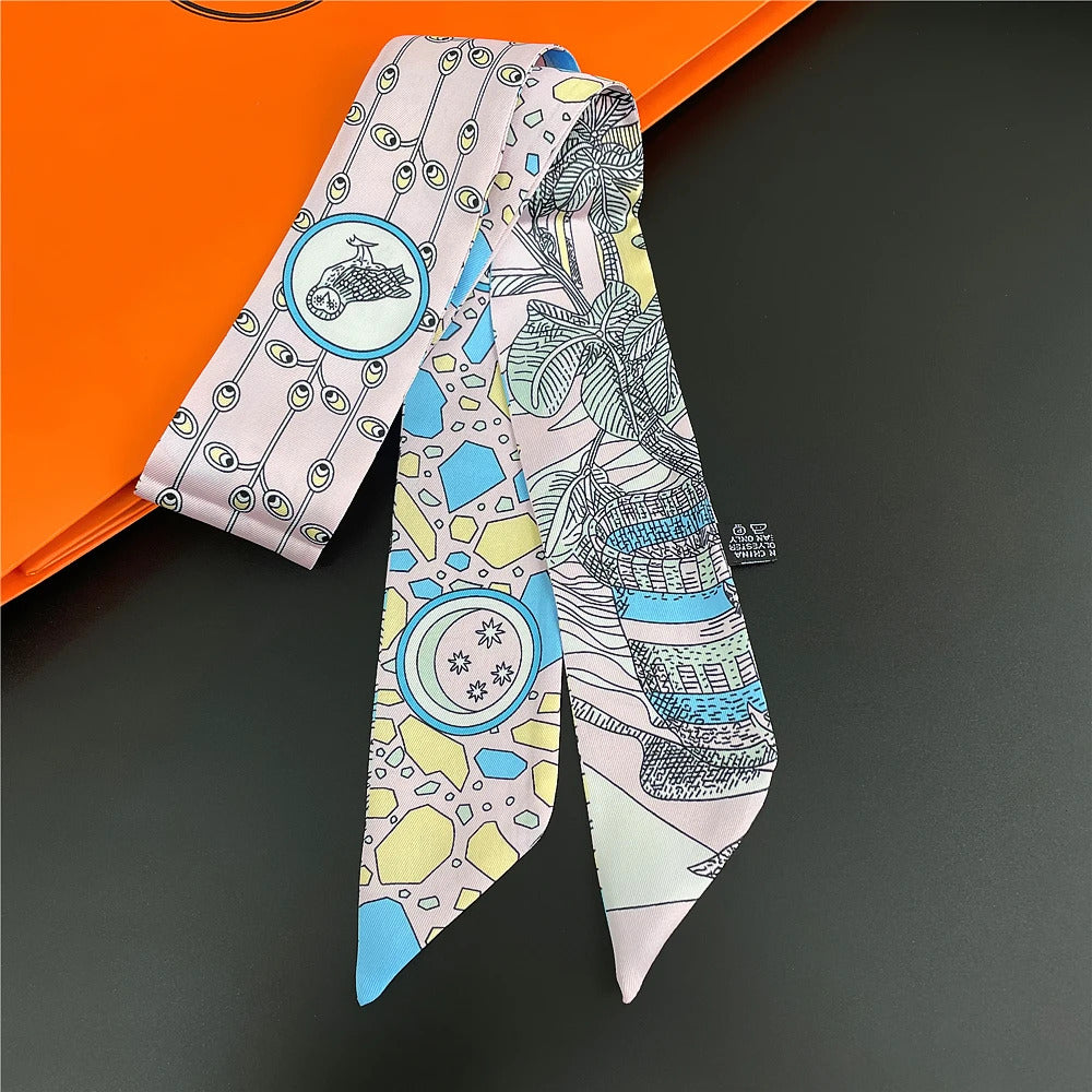 Fashion Women Hair Scarf 2024 New Brand Design Luxury Silk Scarf Fashion Print Headband Skinny Bag Scarves Neckerchief