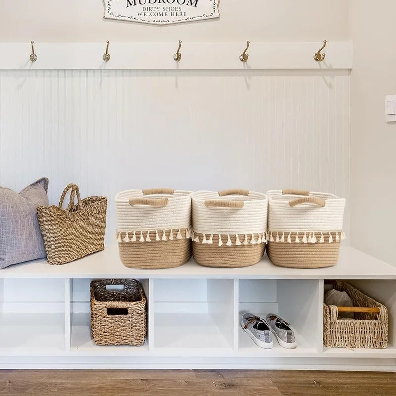 Set of 3 Woven Cotton Storage Bins Versatile Rope Baskets Organizing Home Toys Clothes and Essentials
