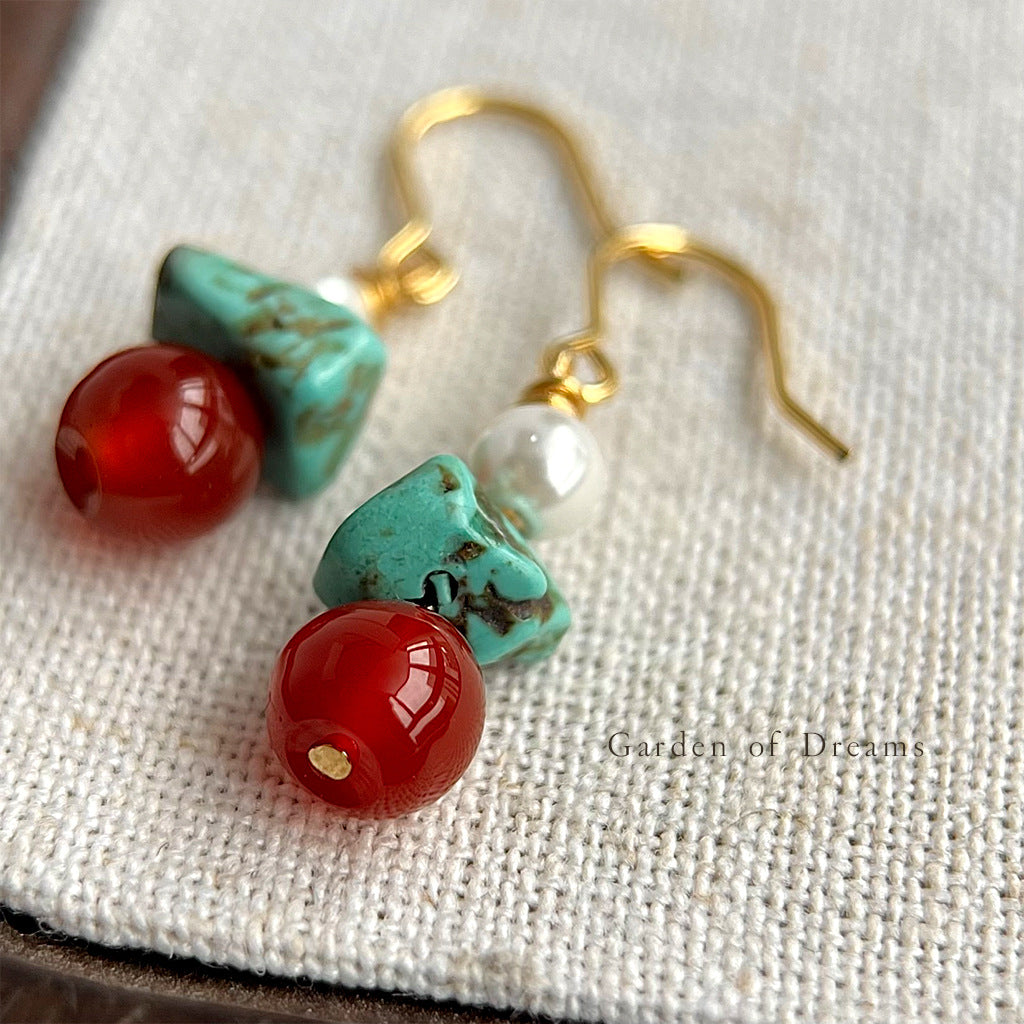 Natural Pearl Earrings National Trend New Chinese Style Agate Earrings Elegant Retro Artistic Tibetan Style Ear Jewelry
