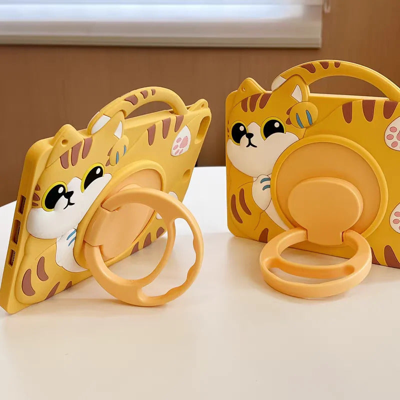 Cartoon Lucky Cat Silicone Case For Samsung Galaxy Tab A9 A7 Lite 8.7 S6 Lite 10.4 A8 X200 X205 Slot 360° Rotating Stand Cover