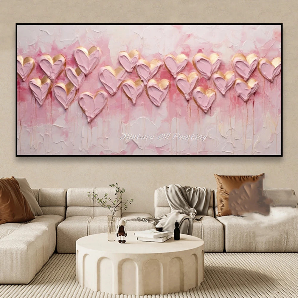 Mintura,100% Handmade Knife Graffiti Pink Red Heart Oil Painting on Canvas,Modern Abstract Wall Art Picture,Room Home Decoration