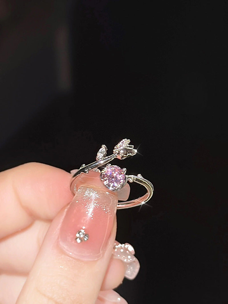 Pink Zirconium Rose Ring Female Mori Style Light Luxury Super Fairy Girl Flowers Openings Adjustable Ring