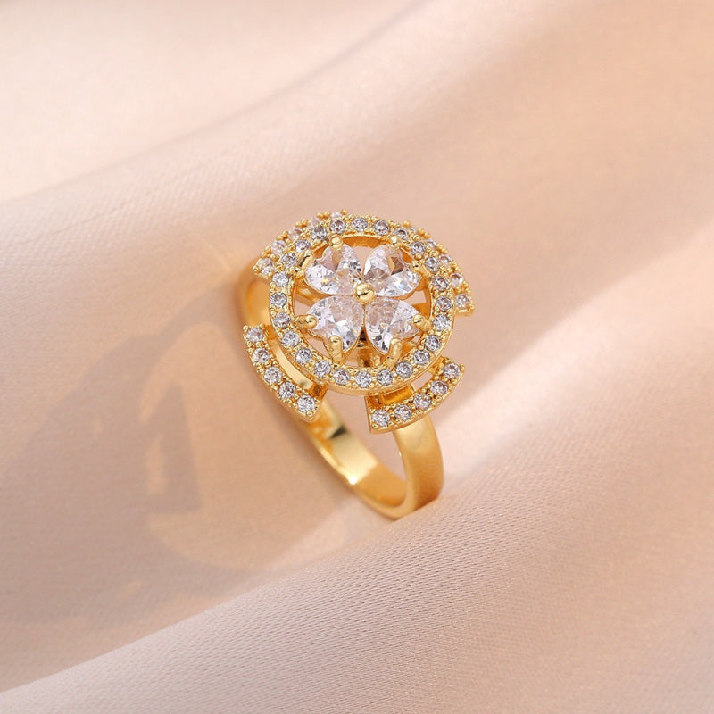 Rotating Ring for Women with Micro Paved Zircon, Elegant and Minimalist Style, Versatile Full Diamond Round Clover Ring Jewelry