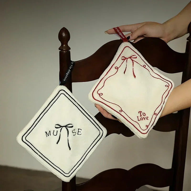 Double-layered Bow Pattern Thick Hand Towel Cleaning Cloths  Absorbent Hanging Towel Home Decoration Kitchen Accessories